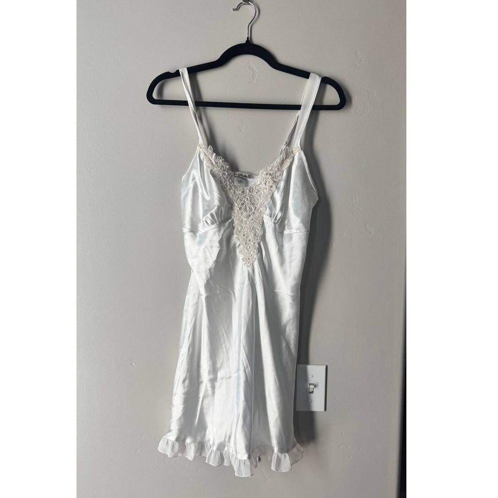 Linea Donatella White Satin Slip Chemise S Embroidered Pearl Beading Bridal Boho